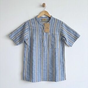 Domna Bogioka Blue White Striped Cotton Henley Shirt Short Sleeve Made in Greece